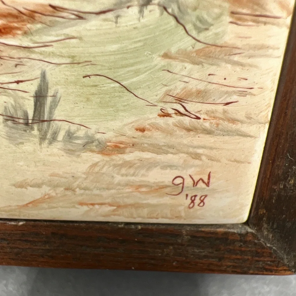 Vtg Wood Key Box Wall Mount Slide Up Hidden Storage Signed GW '88 Ceramic Tile